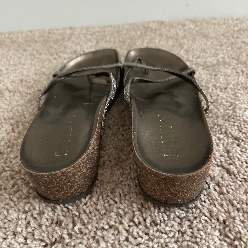 Italian Shoemakers Wedge Sandals Womens 39 Bronze Rhinestone Strappy Cork Thong - Picture 4 of 8